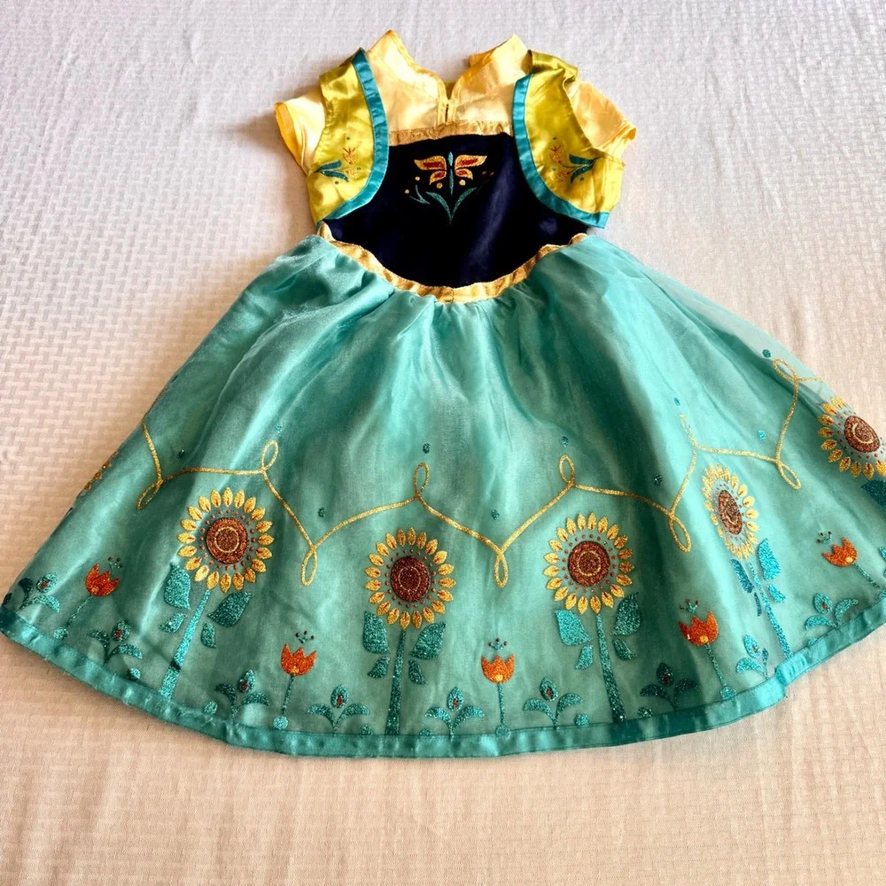 Disney Parks Frozen Fever Anna Costume Dress Sunflower Girls Size S 7-8 Teal - Picture 1 of 16